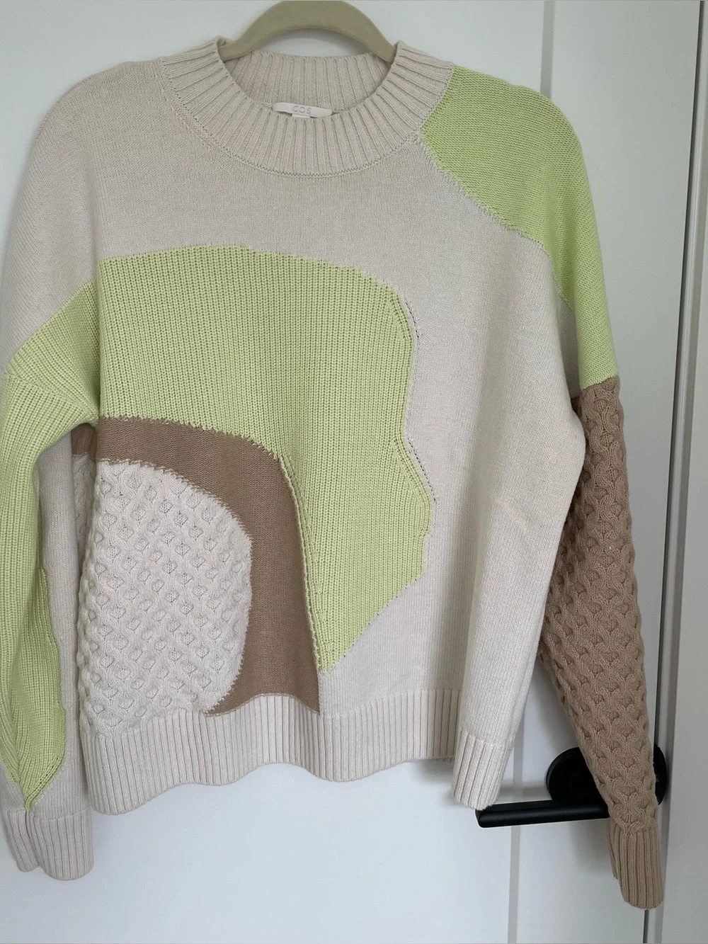 COS crewneck color block wool-cotton sweater with neon green detailing - Picture 6 of 12